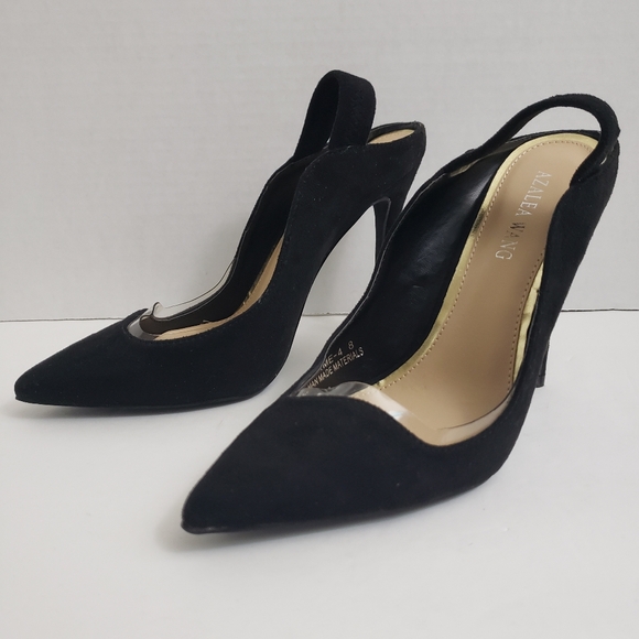 Size 8 Azalea Wang Black Point Toe Sling Back Pumps With Clear Trim Detail - Picture 2 of 9